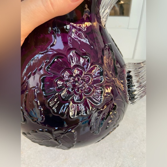 Mosser glass with clear handle, cable grape amethyst pitcher floral leaf pattern - Picture 10 of 16